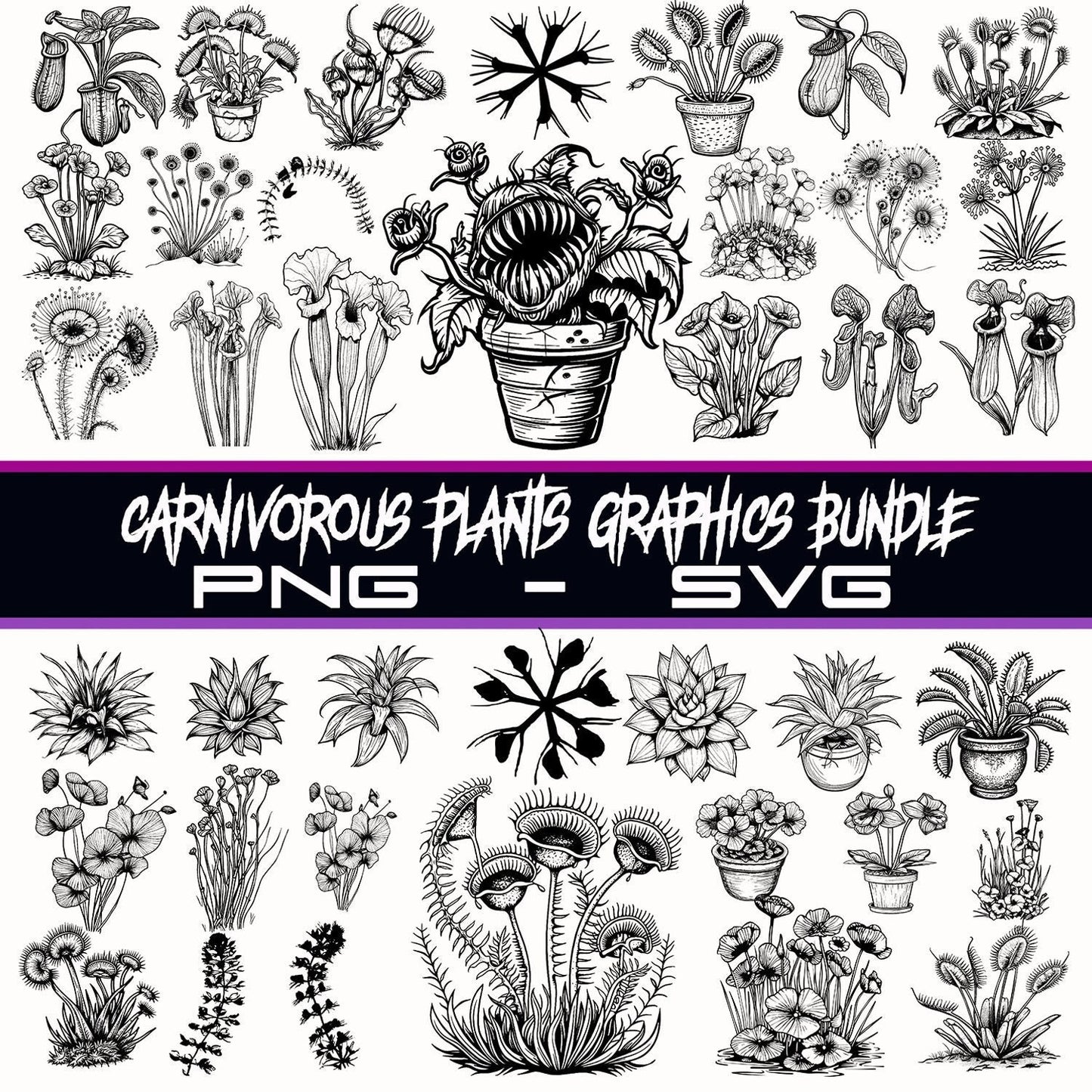 Carnivorous Plants Graphics Bundle, PNG and SVG Files, Instant Download, Laser Engravable Files, Over 100 Different Carnivorous Plant Images