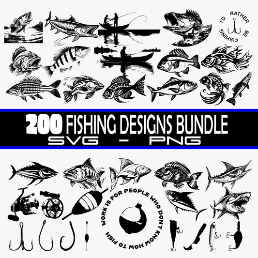 Fishing SVG Bundle Fishing PNGs, SVG Cut Files Cricut, Silhouette, Fishing Graphics Clipart, Includes Over 200 SVG Files and 200 Png Files!