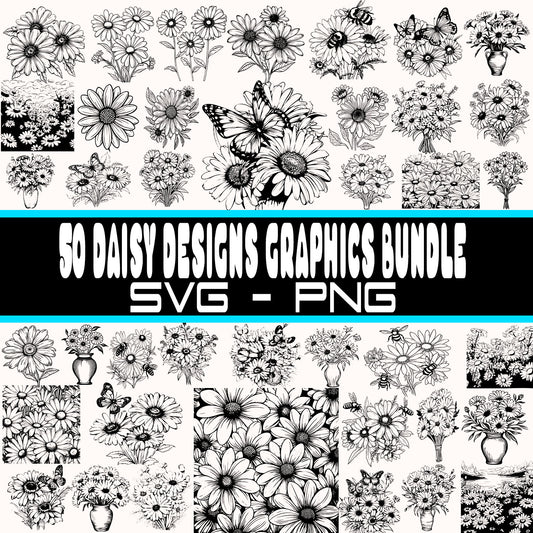 50 Daisy Flower Designs Bundle, Daisy PNG Files, Daisy SVGs, Instant Download, Laser Engravable Files, SVG Bundle, Daisy Flowers Bundle!