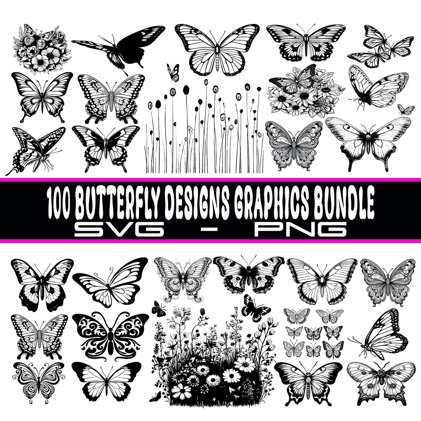 100 Butterfly Designs Bundle, Butterfly PNG Files, Butterfly SVGs, Instant Download, Laser Engravable Files, SVG Bundle, Butterfly Bundle!