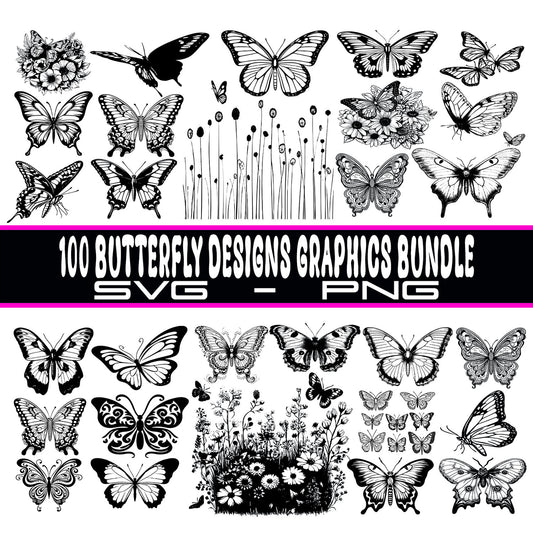 100 Butterfly Designs Bundle, Butterfly PNG Files, Butterfly SVGs, Instant Download, Laser Engravable Files, SVG Bundle, Butterfly Bundle!